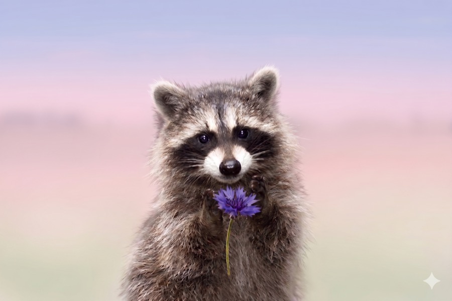 A raccoon holding a cornflower